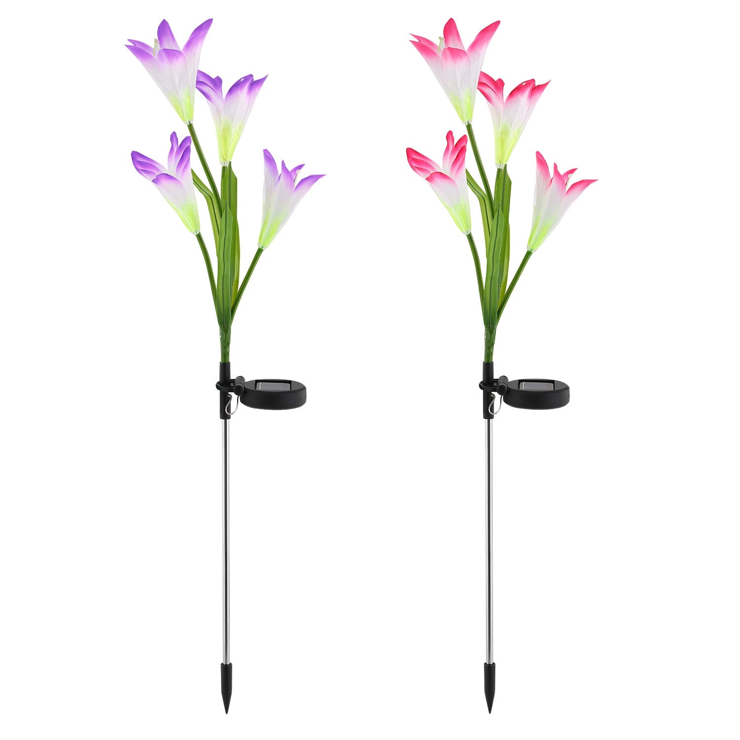 Solar Garden Lights 2 Pack, Lily Flower Stake Lights, Decorative Color Changing Outdoor Pathway Yard Lighting