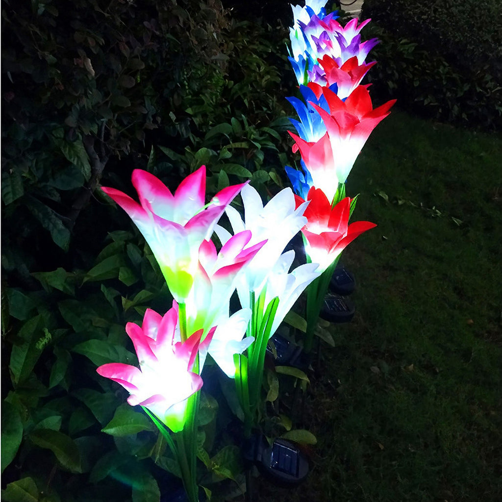 Solar Garden Lights 2 Pack, Lily Flower Stake Lights, Decorative Color Changing Outdoor Pathway Yard Lighting
