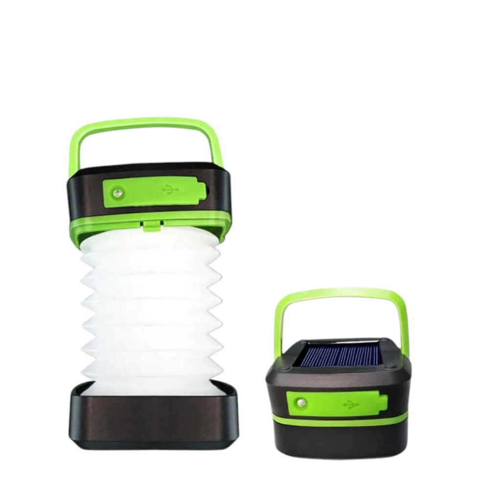 Foldable solar camping lantern collapsed and expanded showing the LED glow