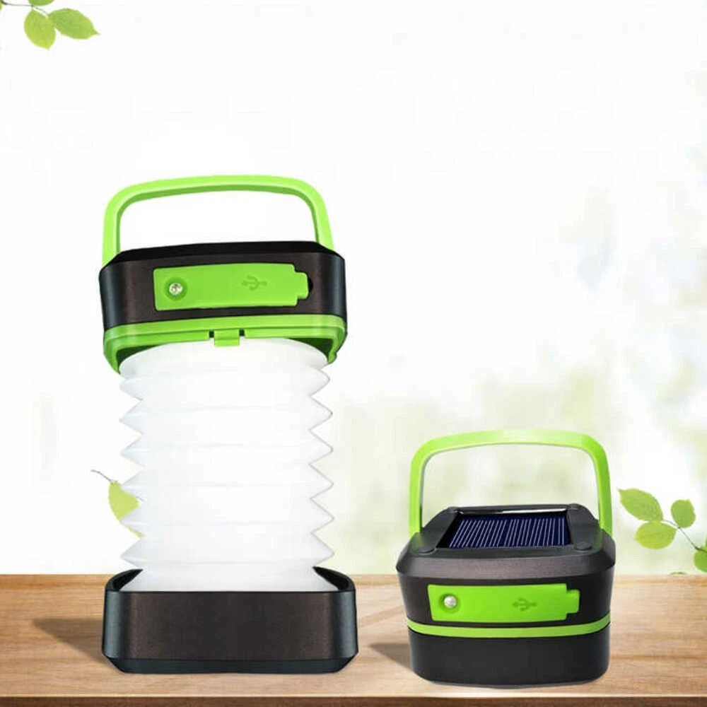 Solar Camping Lantern, Foldable Collapsible Rechargeable LED Light, USB and Solar Charging for Camping and Patio