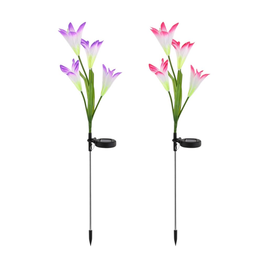 Solar lily-flower stake lights, 2 pack, glowing color-changing in a garden bed