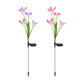 Solar lily-flower stake lights, 2 pack, glowing color-changing in a garden bed