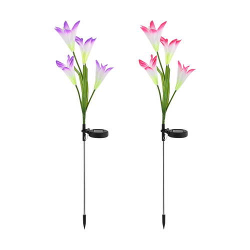 Solar lily-flower stake lights, 2 pack, glowing color-changing in a garden bed