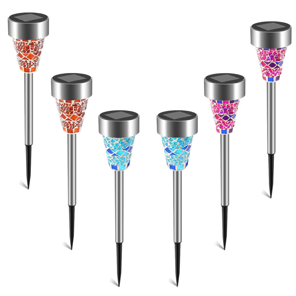 Solar Pathway Lights 6 Pack, Mosaic Glass Stake Lights, Color Changing Outdoor Garden Walkway Lighting, Dusk to Dawn