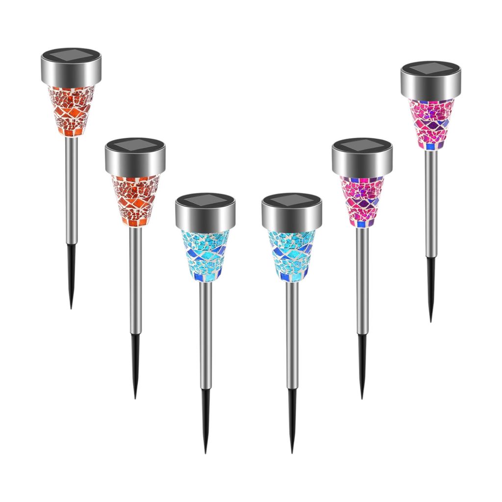 Mosaic solar pathway stake lights, 6 pack, glowing in color along a garden walkway