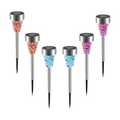 Mosaic solar pathway stake lights, 6 pack, glowing in color along a garden walkway
