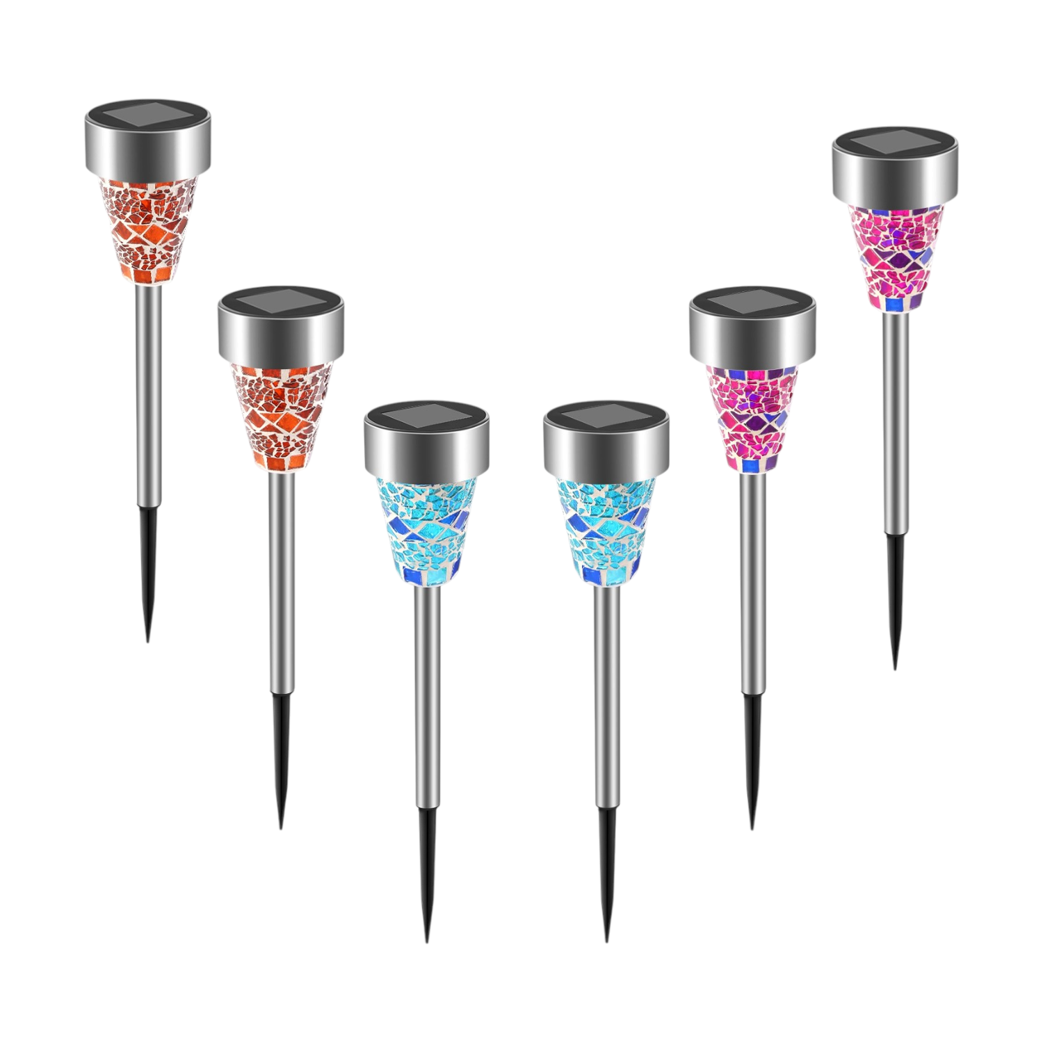 Mosaic solar pathway stake lights, 6 pack, glowing in color along a garden walkway