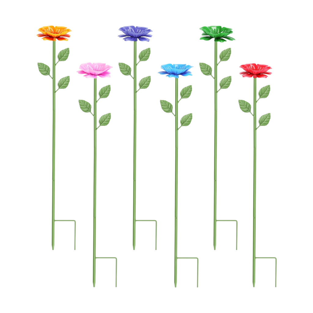 Six metal flower garden stakes with dishes as bee and butterfly watering stations
