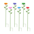 Six metal flower garden stakes with dishes as bee and butterfly watering stations