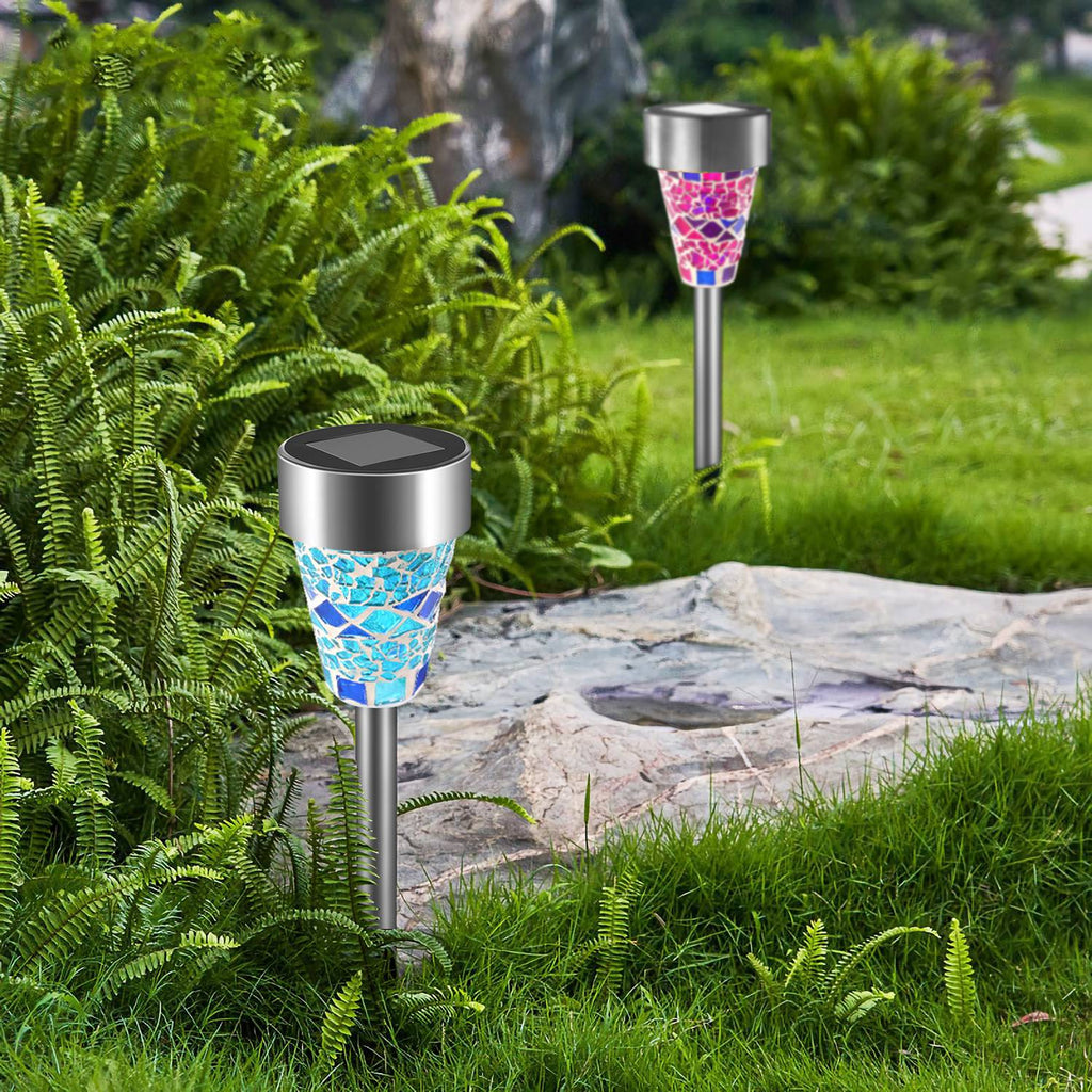 Solar Pathway Lights 6 Pack, Mosaic Glass Stake Lights, Color Changing Outdoor Garden Walkway Lighting, Dusk to Dawn