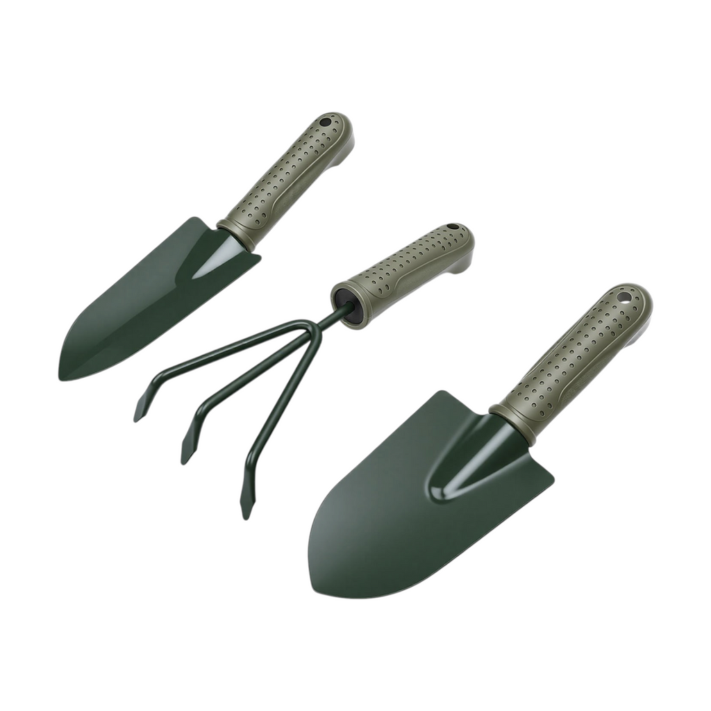 Three-piece ergonomic garden tool set: trowel, transplanter, cultivator with storage bag